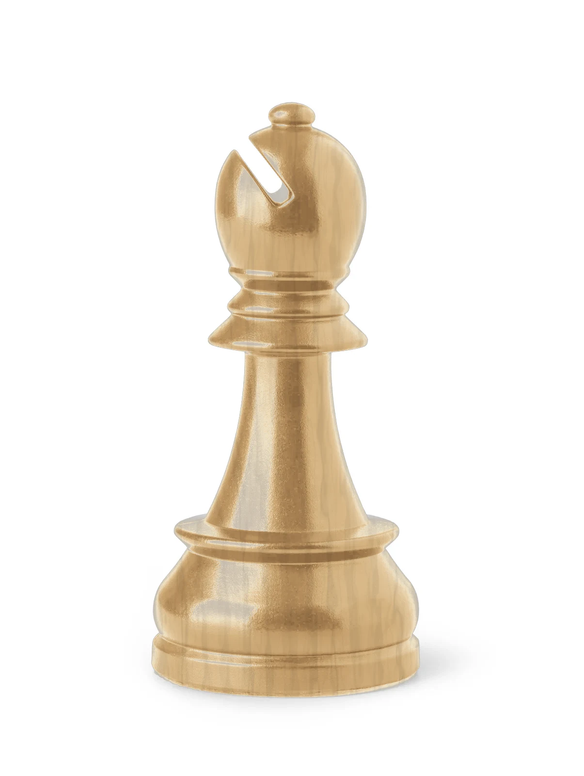A single light oak chess bishop standing alone against a plain white background, the mitre notch cut across its head.