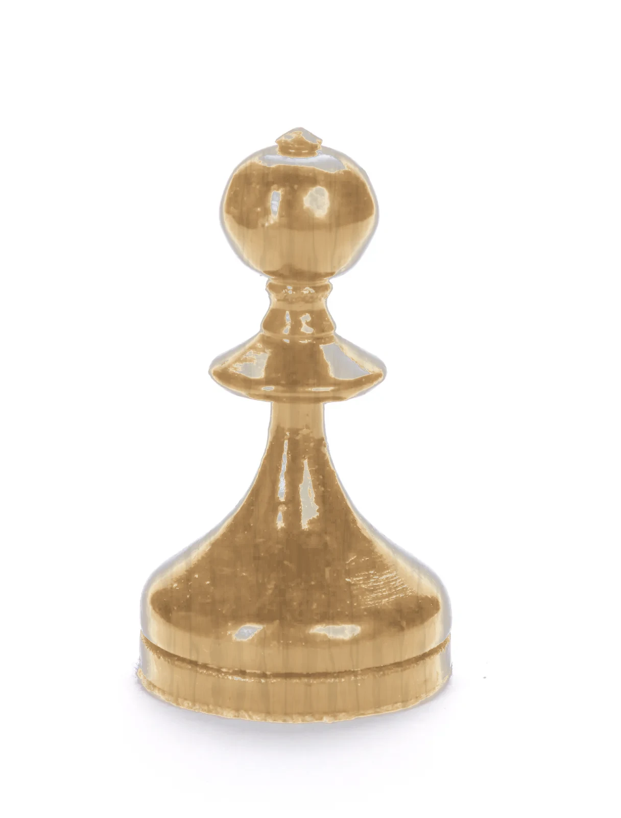 A single light oak chess pawn standing alone against a plain white background, its round head and wide collar catching the light.